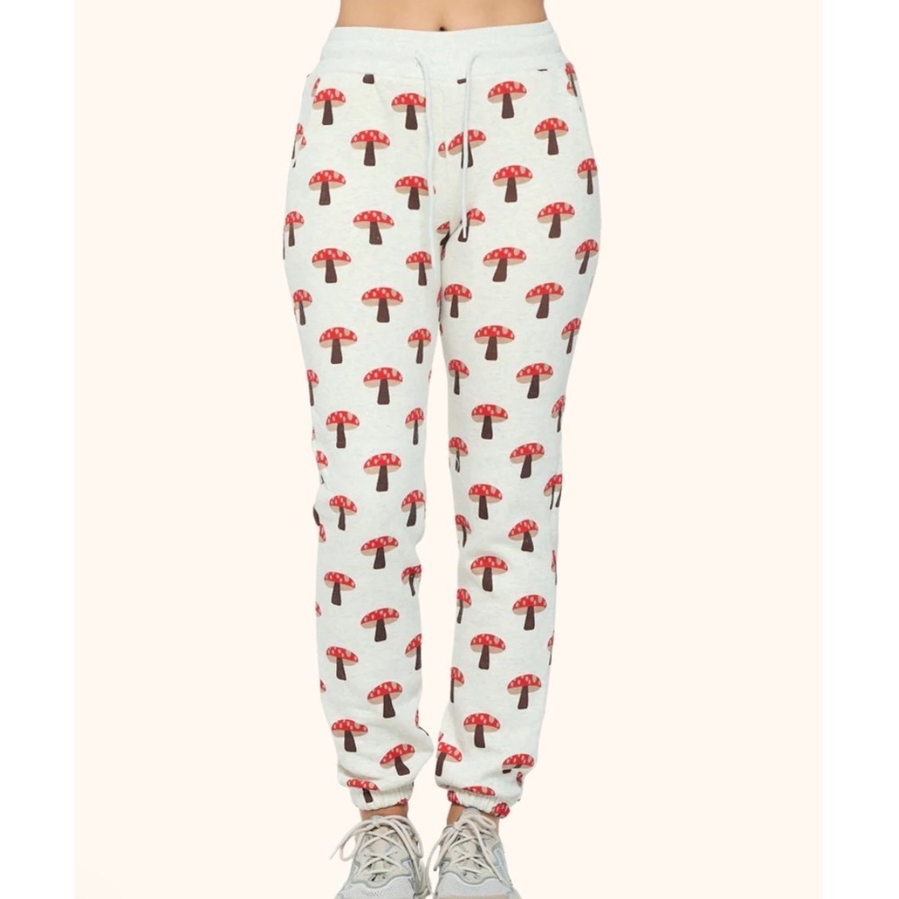 SM Wardrobe Mushroom Print Sweatpants Womens M Gray Red Whimsical Shroom Joggers